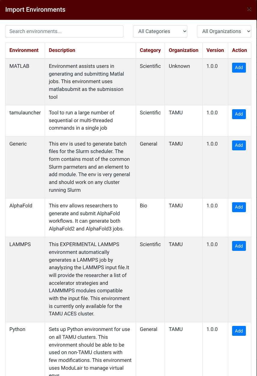 Import Environments Window